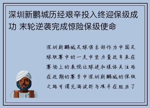 深圳新鹏城历经艰辛投入终迎保级成功 末轮逆袭完成惊险保级使命